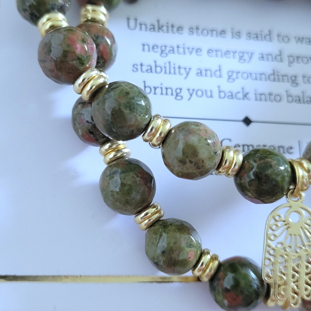 Shivam Unakite Stretch Bracelet Duo✌️ with Hamsa🤚Charm - NIB - Picture 7 of 15